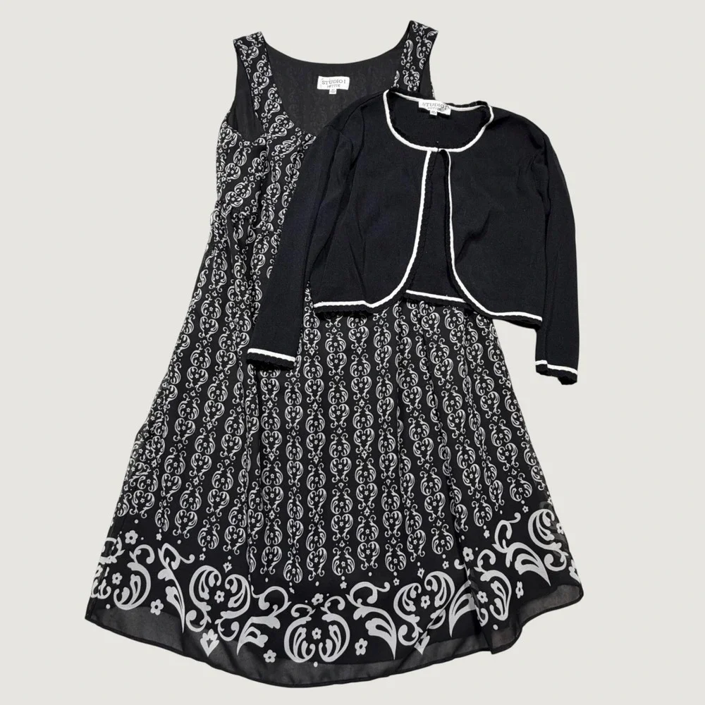 Vintage 90s Black White Dress Cardigan Set Studio I Petite 16P XL Dark Academia